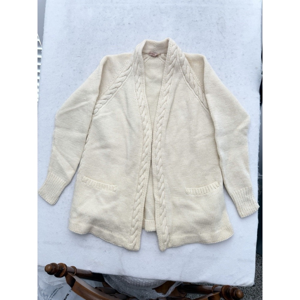 Vintage Wool Hand Knit Open Cardigan Cable Knit Sweater Womens M Butter Yellow